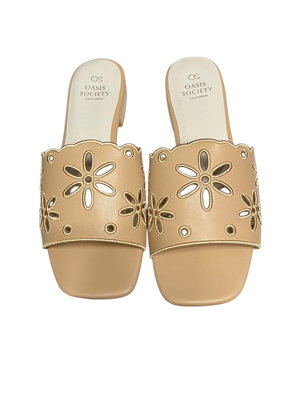 🌻NEW w/box Oasis Society Manila Apricot Laser Cut Floral Slide Sandal Size 9